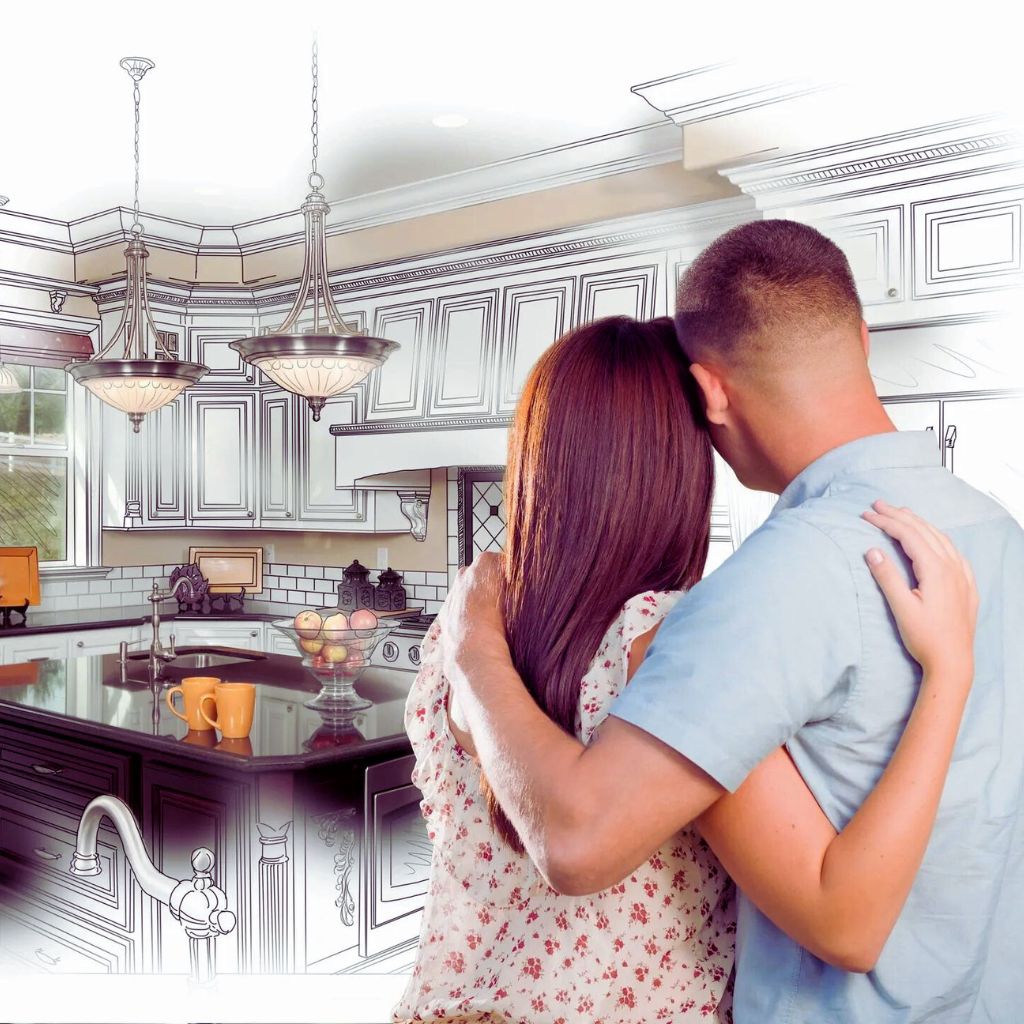 A couple is hugging in the kitchen of their home.